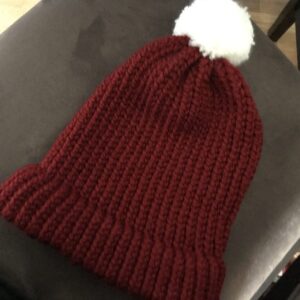 Hand Knitted White Pom Pom Red Beanie Hat