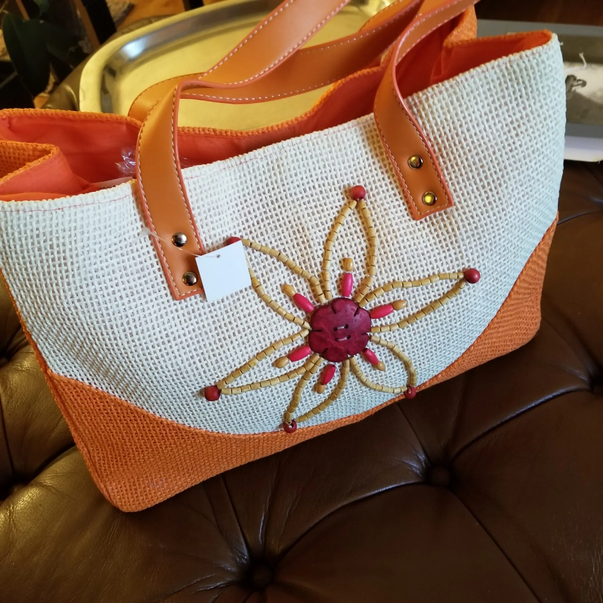 Beaded Front Straw Tote