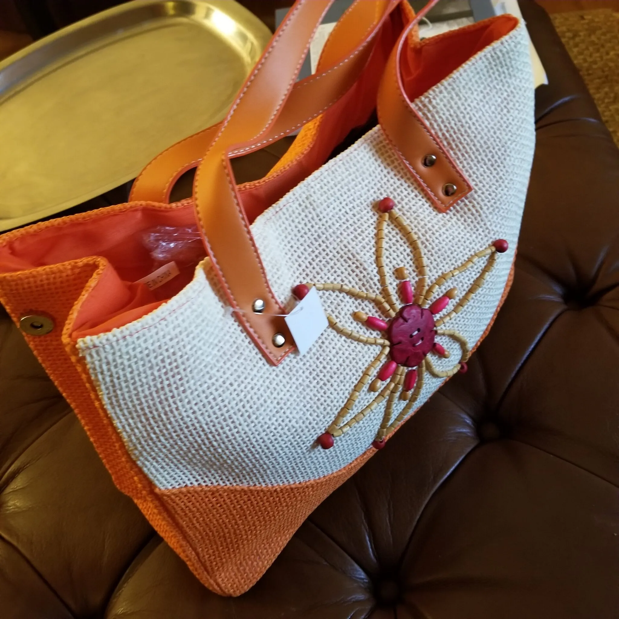 Beaded Front Straw Tote - Image 2