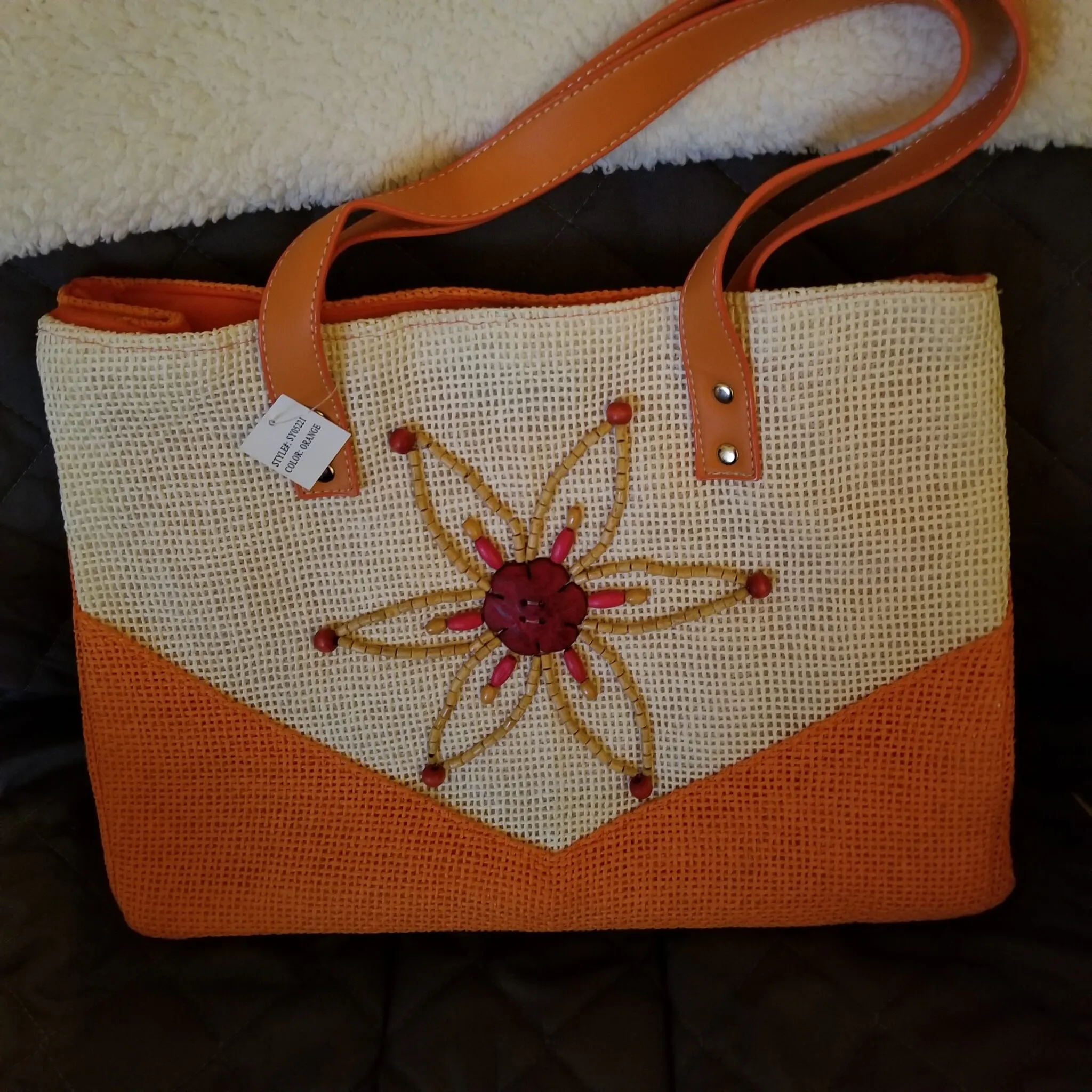Beaded Front Straw Tote - Image 6