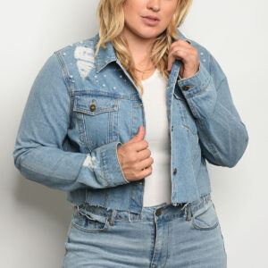 Cropped Distressed Denim Jacket - Plus Size
