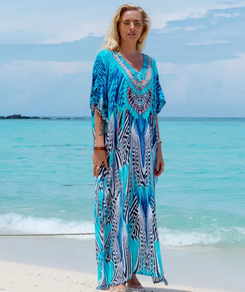 Vibrantly Blue Animal Printed V-Neck Mu Mu Kaftan Dress - Image 3
