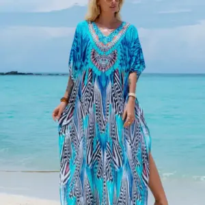 Vibrantly Blue Animal Printed V-Neck Mu Mu Kaftan Dress
