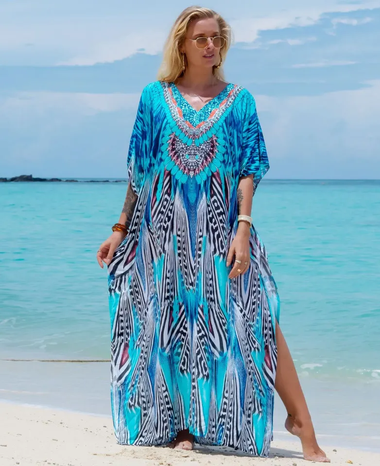 Vibrantly Blue Animal Printed V-Neck Mu Mu Kaftan Dress