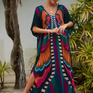 Vibrantly Butterfly Printed V-Neck Mu Mu Kaftan Dress
