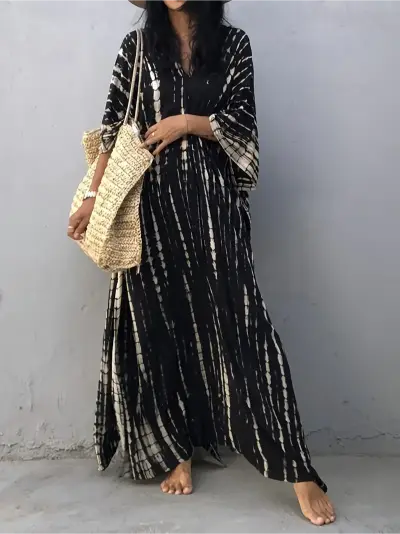 Black Printed V-Neck Mu Mu Kaftan Dress - Image 3