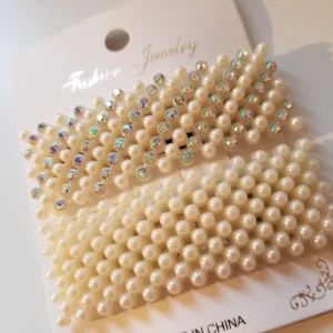 Rectangle Pearl & Crystal 2pc Barrette Snap Clips Set