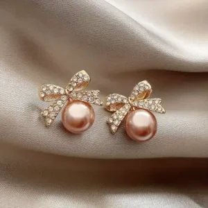 Bridal Pearl Rhinestone Diamond Bow Earrings (2 Colors)