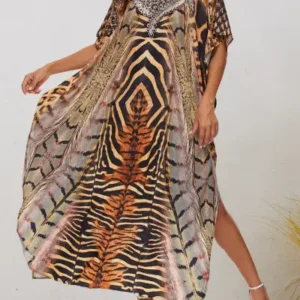 Lovely Tiger Print V-Neck Mu Mu Kaftan Dress