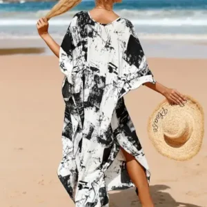 Black Tie-Dye Printed V-Neck Mu Mu Kaftan Dress