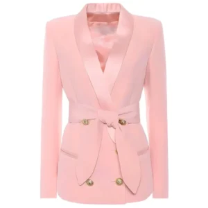 Fitted Pink Satin Shawl Collar Blazer
