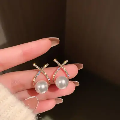 Bridal Pearl Rhinestone Criss-Cross Earrings (2 Colors) - Image 5