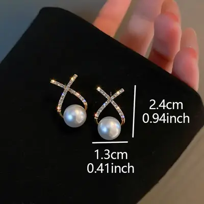 Bridal Pearl Rhinestone Criss-Cross Earrings (2 Colors) - Image 4