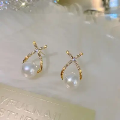 Bridal Pearl Rhinestone Criss-Cross Earrings (2 Colors)
