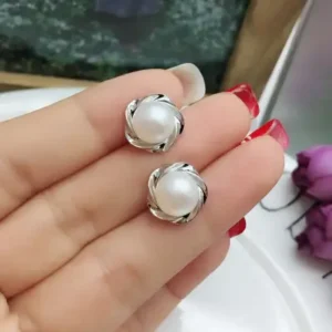 Round Twisted Silver & Pearl Stud Post Earrings