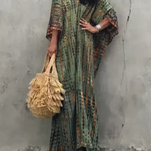 Striped Ethnic Print V-Neck Mu Mu Kaftan Dress - Green