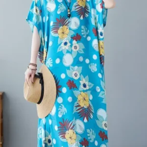 Blue Floral Print Mu Mu Kaftan Dress
