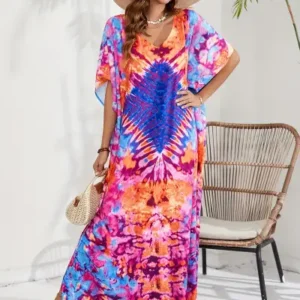 Tie-Dye Mix Color Diamond Printed V-Neck Mu Mu Kaftan Dress