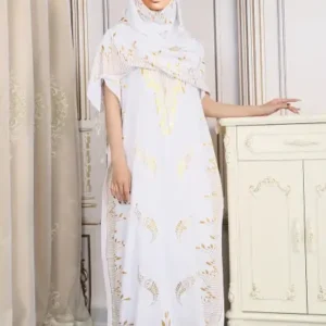 White Embellished Gold Stamped Print Mu Mu Kaftan Dress & Scarf Set