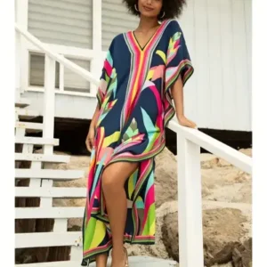 Exotic Floral Print Mixed Color Mu Mu Kaftan Dress