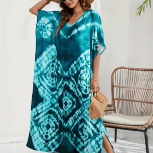 Tie-Dye Diamond Shaped Printed V-Neck Mu Mu Kaftan Dress