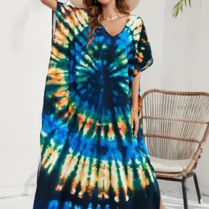 Blue Tie-Die Print Mu Mu Kaftan Dress