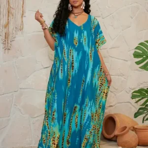 Trendy Tie-Dye Print V-Neck Mu Mu Kaftan Dress