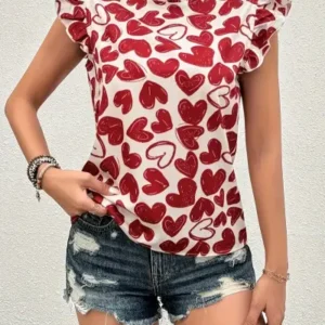 Fluttery Sleeve Hearts All Over Top