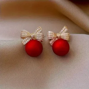 Red Pearl Rhinestone Diamond Bow Earrings