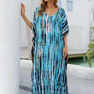 Striped Ethnic Print V-Neck Mu Mu Kaftan Dress - BlueBlack