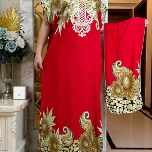 Decorative Short Sleeve 2 Pieces Kaftan Dress With Scarf (4 Colors)
