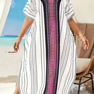 Striped White Mix Color Printed V-Neck Mu Mu Kaftan Dress