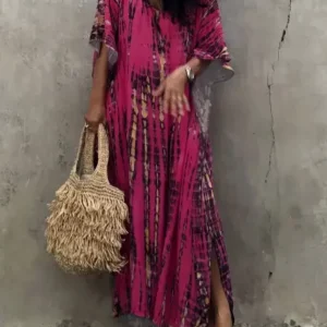 Striped Ethnic Print V-Neck Mu Mu Kaftan Dress - Red