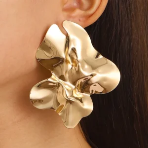 Polished Pounded Gold Large Statement Fashion Earrings