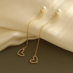 Crystal Heart & Pearl Chain Fashion Earrings