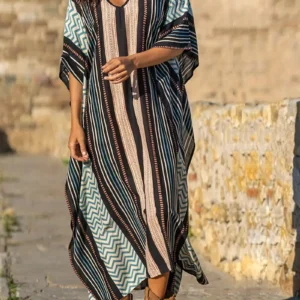 Boho Striped Print V-Neck Kaftan Dress