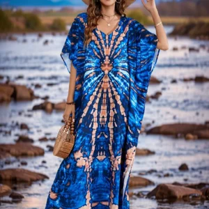 Blue Tie-Dye Print V-Neck Kaftan Dress