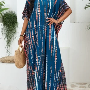 Blue & Peach Color Print V-Neck Kaftan Dress