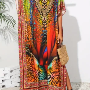 Bright Colorful Animal Print V-Neck Kaftan Dress