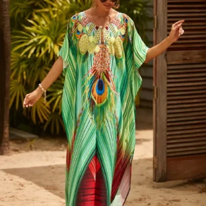 Peacock Feather Print V-Neck Kaftan Dress