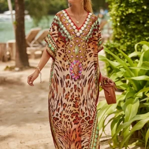 Gems & Leopard Print V-Neck Kaftan Dress