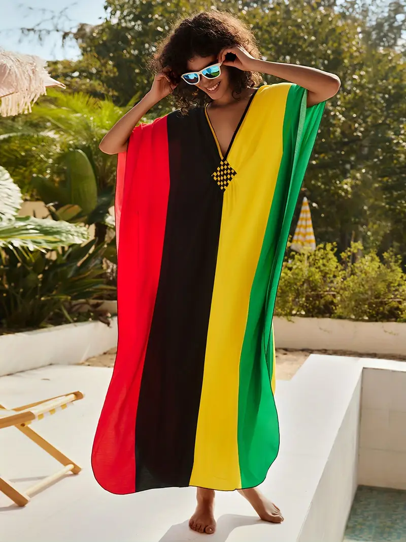 Bright Color Block V-Neck Kaftan Dress - Image 6