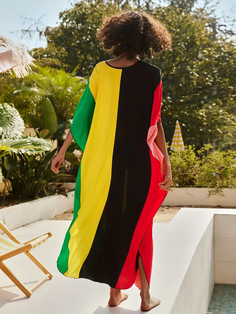 Bright Color Block V-Neck Kaftan Dress - Image 5