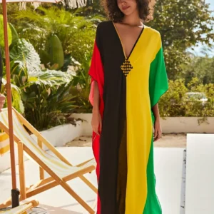 Bright Color Block V-Neck Kaftan Dress