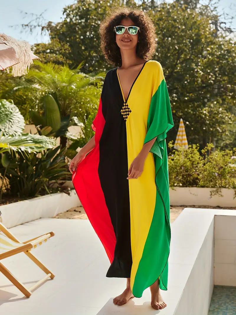 Bright Color Block V-Neck Kaftan Dress - Image 3