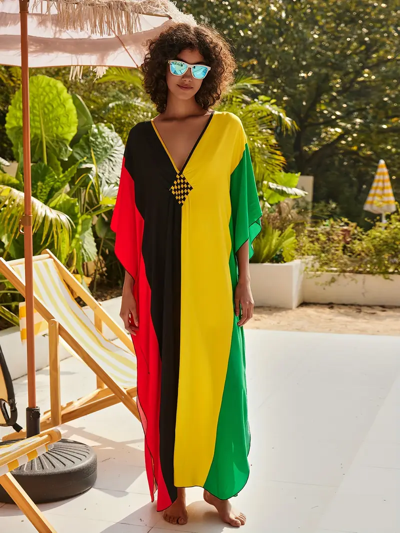 Bright Color Block V-Neck Kaftan Dress - Image 2
