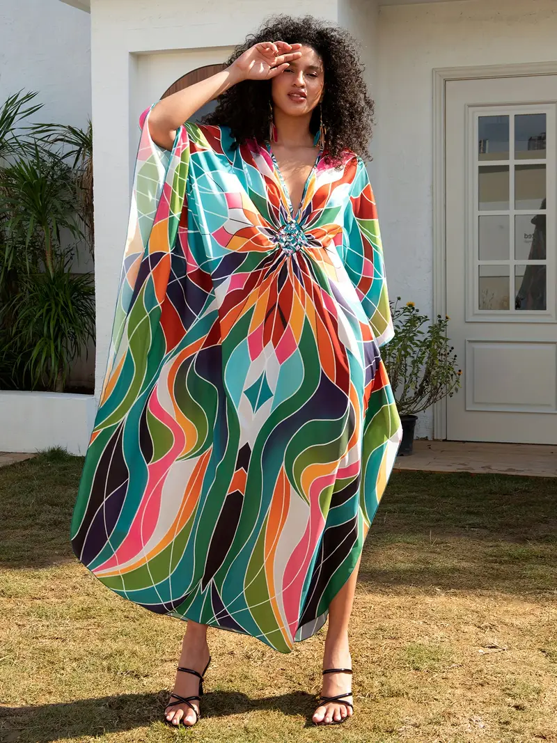Bright Colorful Geo Floral V-Neck Kaftan Dress - Image 2