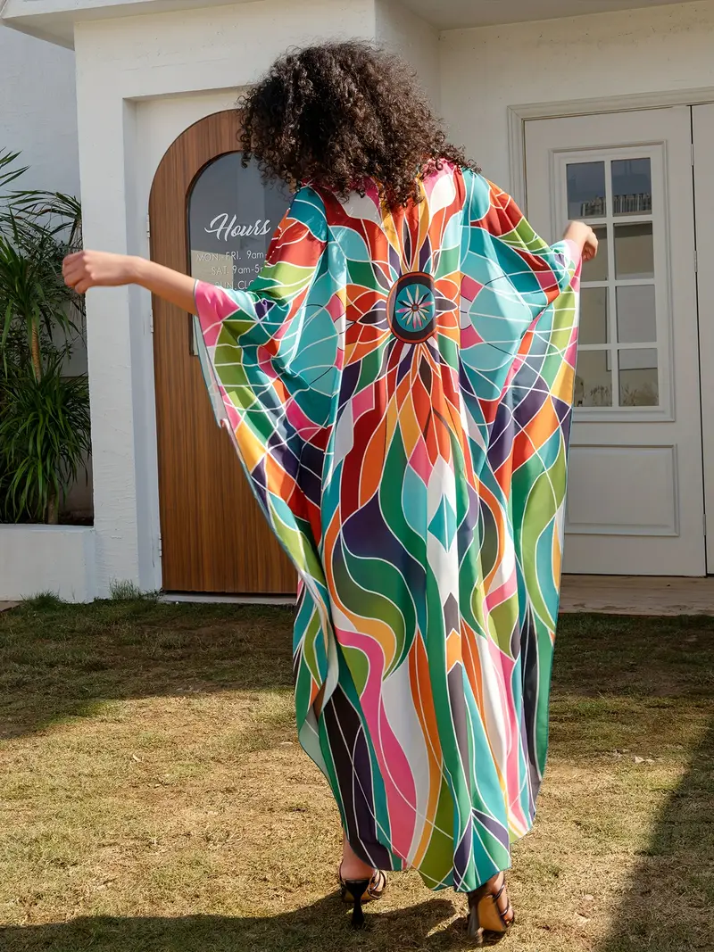 Bright Colorful Geo Floral V-Neck Kaftan Dress - Image 5
