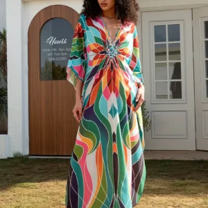 Bright Colorful Geo Floral V-Neck Kaftan Dress