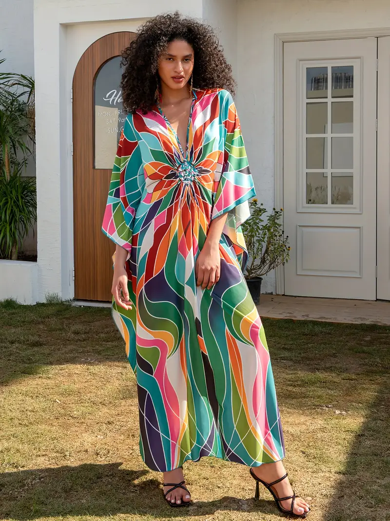 Bright Colorful Geo Floral V-Neck Kaftan Dress - Image 4